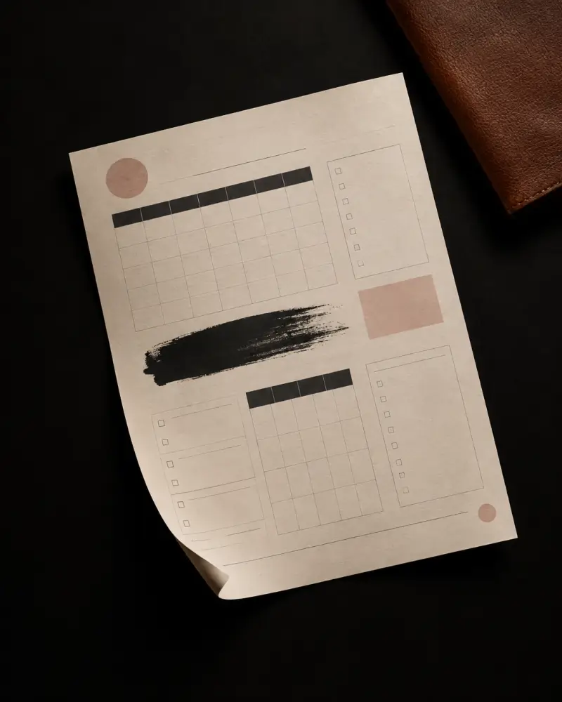 Grayscale editorial detail of a black-and-white life-planning spread with a gold crown accent